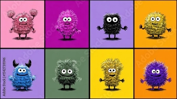 Obraz Fluffy Q - Version Monsters: Colorful Nine - Grid Collection with Exaggerated Expressions