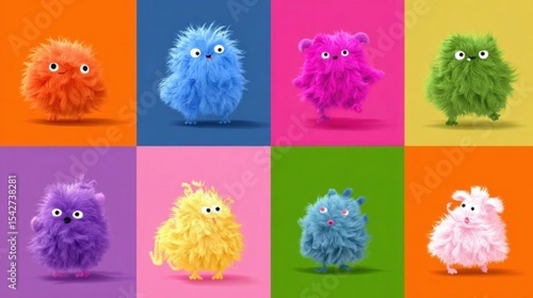 Obraz Fluffy Q - Version Monsters: Colorful Nine - Grid Collection with Exaggerated Expressions