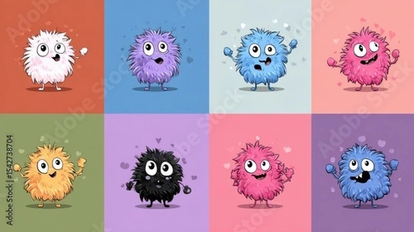 Obraz Fluffy Q - Version Monsters: Colorful Nine - Grid Collection with Exaggerated Expressions
