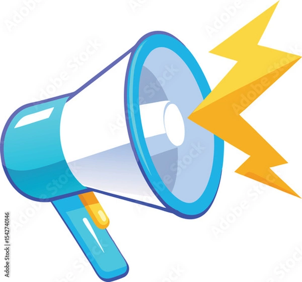 Fototapeta Modern blue megaphone with yellow lightning bolt graphic