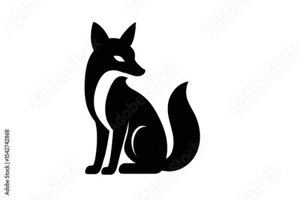 Fototapeta A stylized black fox sitting with its tail curled on a white background in a minimalist design