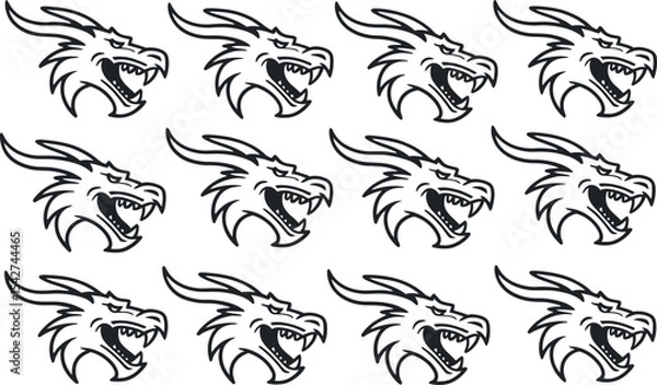 Fototapeta Repeated black and white dragon head design suitable for tattoos and creative artwork
