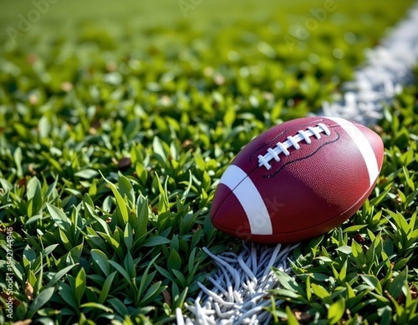 Fototapeta single american football on vibrant green grass field, on right with copy space on left.