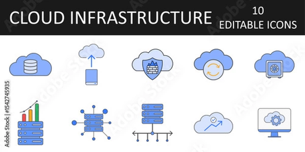 Fototapeta Cloud Infrastructure Icons including cloud storage vault, server cluster, sync, load balancer, auto-scaling, firewall, virtual machine, cloud database, uptime monitor, and cloud migration.