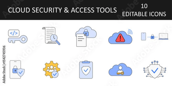 Obraz Cloud Security & Access Tools Icons including SSO, MFA, cloud access policy, RBAC, audit trail, zero-trust security, encryption in transit, breach alert, API token management, and compliance report.