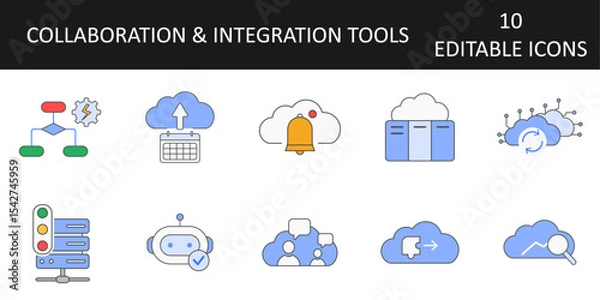 Obraz Collaboration & Integration Tools Icons including project board, collaboration hub, automated workflow, app integration, status page, data sync, cloud notifications, task bot, backup scheduler.