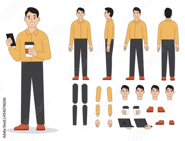 Fototapeta people icons set. Flat male character creator kit with multiple poses, facial expressions and business props  front side back view.