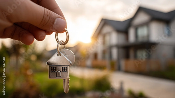 Fototapeta Close-up of a hand holding a house key with a house-shaped key tag, in front of a modern home, symbolizing new beginnings, ownership, and a fresh chapter in life.