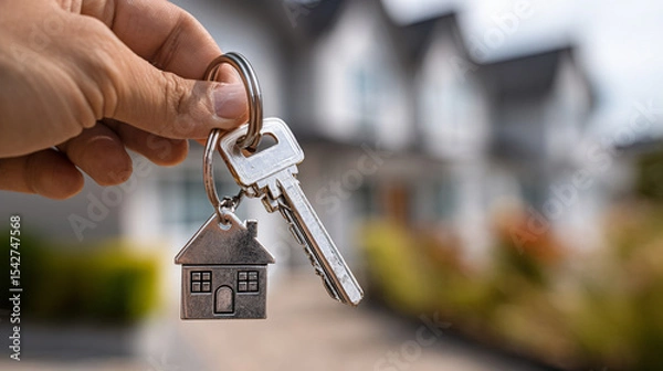 Fototapeta Close-up of a hand holding a house key with a house-shaped key tag, in front of a modern home, symbolizing new beginnings, ownership, and a fresh chapter in life.