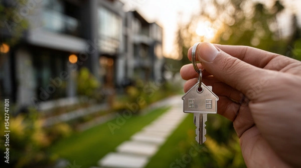 Fototapeta Close-up of a hand holding a house key with a house-shaped key tag, in front of a modern home, symbolizing new beginnings, ownership, and a fresh chapter in life.