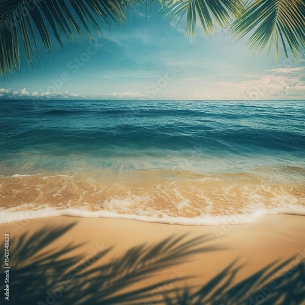 Fototapeta Abstract blur defocused background, nature of tropical summer beach with rays of sun light. Golden sand beach, sea water and palm leaves against sky. Copy space, summer vacation.