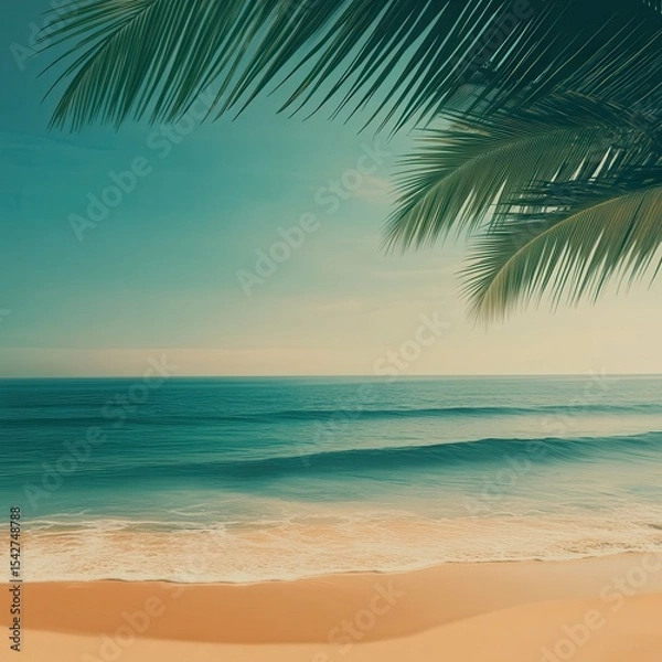 Fototapeta Abstract blur defocused background, nature of tropical summer beach with rays of sun light. Golden sand beach, sea water and palm leaves against sky. Copy space, summer vacation.