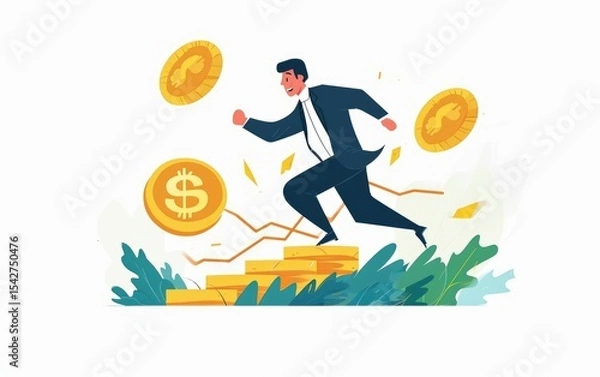 Fototapeta Businessman is running up a staircase of gold coins