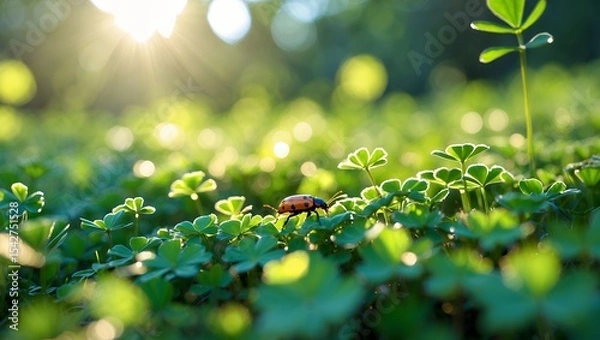 Obraz Small Insect Walking on Green Clover with Sunlight Backlighting Scene