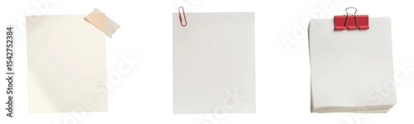Fototapeta blank paper sheets with clip, pin and tape on white background