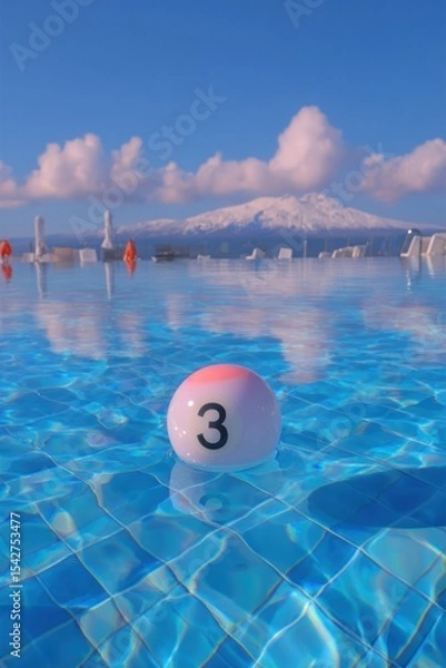 Fototapeta Pool ball floats on tranquil azure water