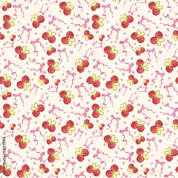 Obraz Cherry with ribbon seamless pattern, fun and pink color cute girl and kid coquette style, for wallpaper, backdrop, background, textile