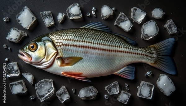 Obraz Freshly caught fish lying on ice in a cooler box  