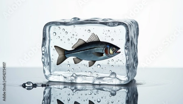 Obraz Freshly caught fish encased in ice with water droplets on surface  