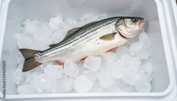 Obraz Freshly caught fish lying on ice in a cooler box  