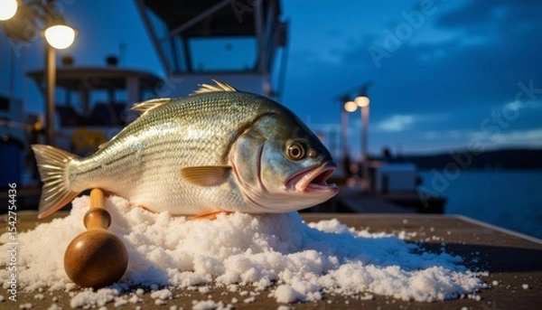 Obraz Freshly caught fish lying on ice at sunset beside the boat  