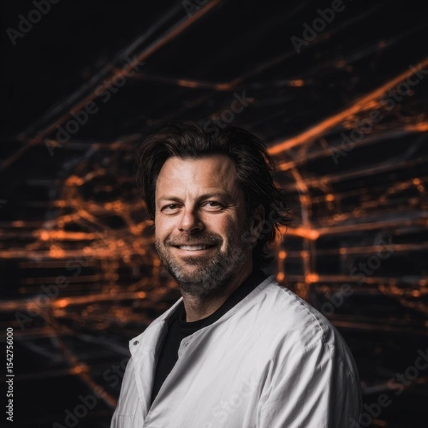 Fototapeta Portrait of a man in a lab coat.  Dark background with graphic patterns