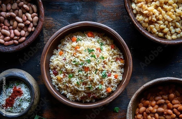 Fototapeta Top-down view of a bowl of spiced rice with vegetables, surrounded by other bowls of beans and grains