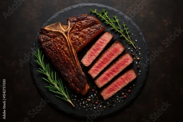 Fototapeta Perfectly Grilled T-Bone Steak with Rosemary and Thyme Garnish
