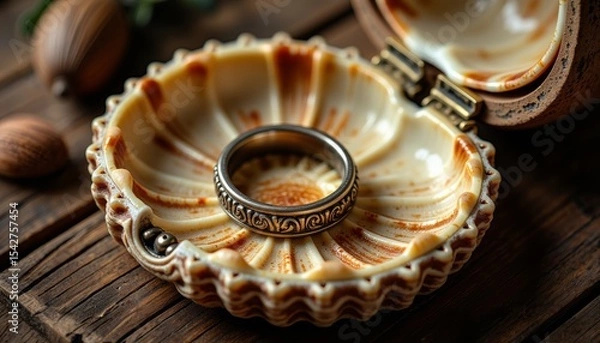 Obraz Golden ring resting on a seashell with nuts on wooden background  