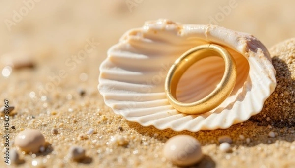 Obraz Golden ring resting on a seashell at the beach with sandy background  