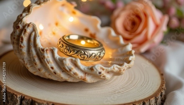 Fototapeta Golden ring resting on a seashell with soft glow and rose background  