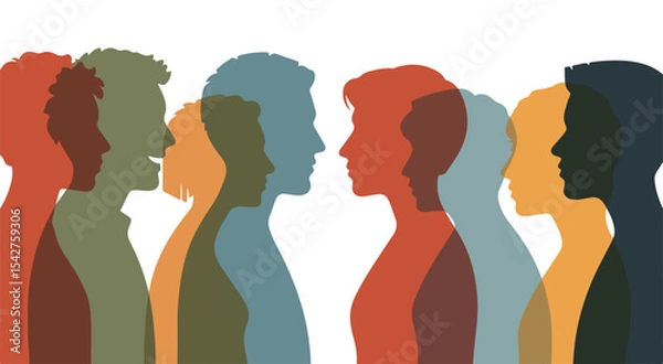 Fototapeta Diverse Group of People Silhouettes in Profile View a Vibrant colour Palette Representing Community and Teamwork