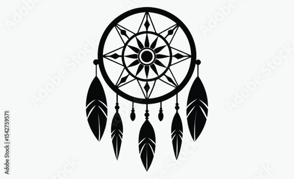 Obraz Dreamcatcher silhouette vector, tribal spiritual design, circular web with feathers