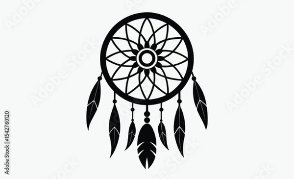 Obraz Dreamcatcher silhouette vector, tribal spiritual design, circular web with feathers
