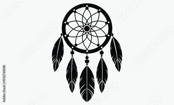 Obraz Dreamcatcher silhouette vector, tribal spiritual design, circular web with feathers