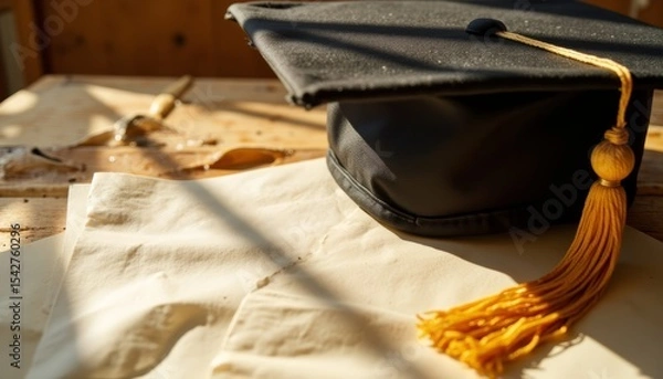 Obraz Graduation cap with tassel resting on diploma paper on wooden desk  