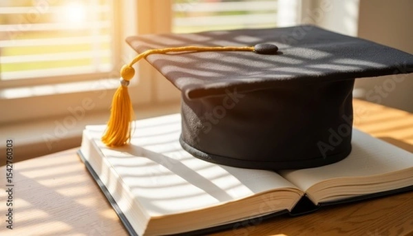 Obraz Graduation cap placed on an open book with sunlight streaming in  