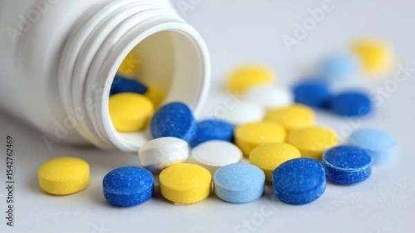 Fototapeta Colorful pills spilled from a bottle, showcasing various sizes and shapes against a light background.