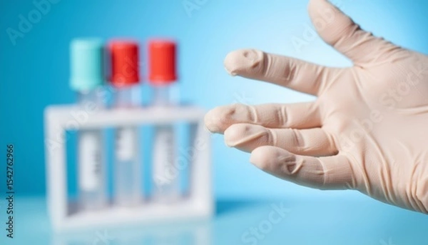 Obraz Medical gloves on hand reaching towards test tubes on table  