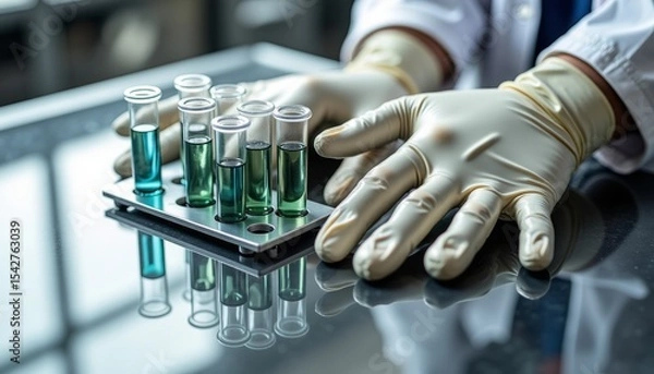 Obraz Medical gloves handling test tubes filled with liquid on laboratory table  