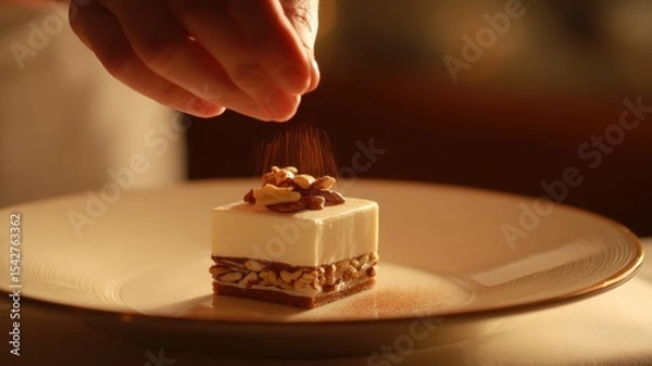 Fototapeta A chef garnishing a delicate dessert with precision, showcasing culinary artistry.