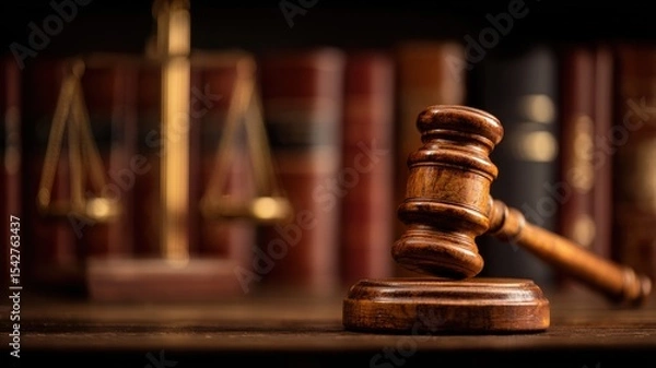 Fototapeta A gavel rests on a desk with blurred scales of justice and books in the background, symbolizing law and authority.