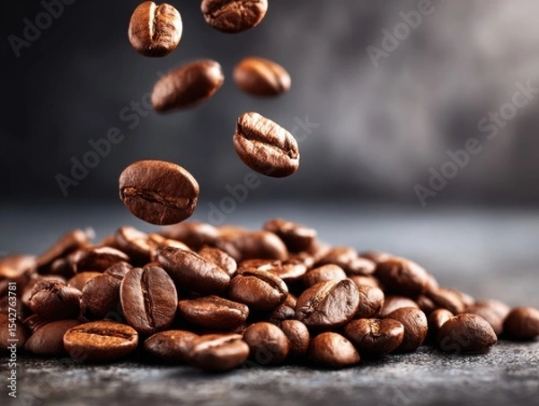 Fototapeta A pile of coffee beans with a few beans falling above against a blurred background.