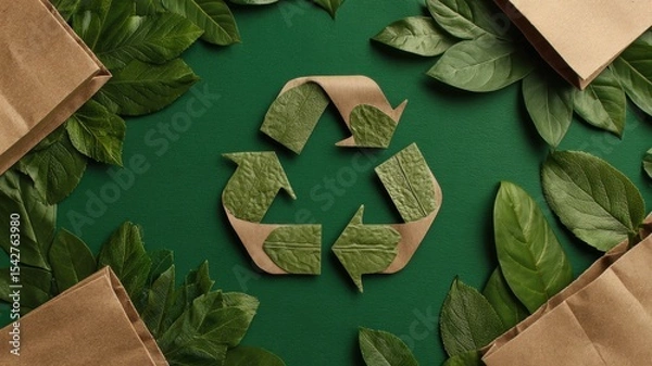 Fototapeta Recycling symbol surrounded by green leaves and eco-friendly packaging materials on a textured surface.