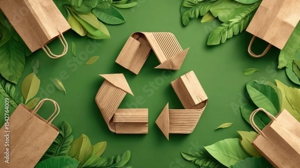 Fototapeta Recycling symbol made of wooden elements surrounded by leaves and eco-friendly shopping bags on a green background.