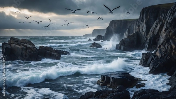 Fototapeta Dramatic Cliffs and Crashing Waves along the Coast with Flying Birds