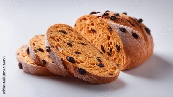 Fototapeta Sliced rustic bread with dark inclusions displayed on a clean surface.