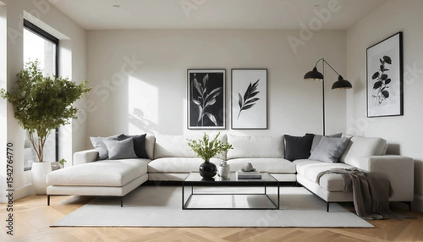 Fototapeta Modern Living Room Poster Frame Mockup,ISO A Paper Size,3D Interior Design Scene,Interior mockup with house background
