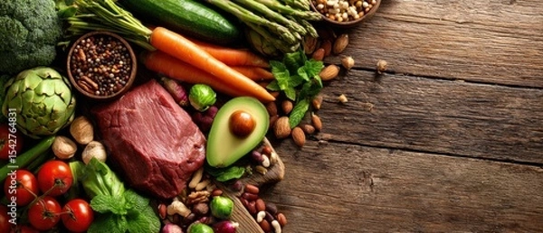 Fototapeta Fresh vegetables, nuts, and seeds arranged on a rustic wooden surface.