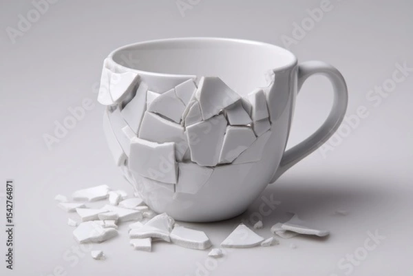 Fototapeta A shattered white cup with broken pieces scattered around it.